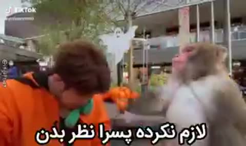 میمونی کنار شخصی با لباس نارنجی در خیابان است و به سر او دست می‌زند و متن می‌گوید لازم نکرده پسرا نظر بدن.